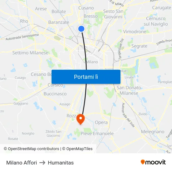 Milano Affori to Humanitas map