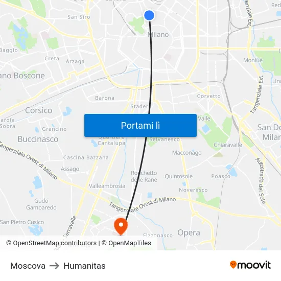 Moscova to Humanitas map