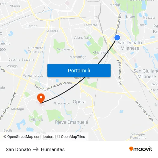 San Donato to Humanitas map