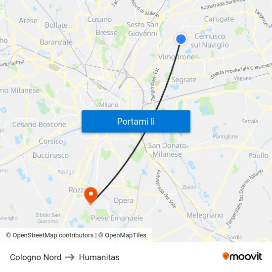 Cologno Nord to Humanitas map