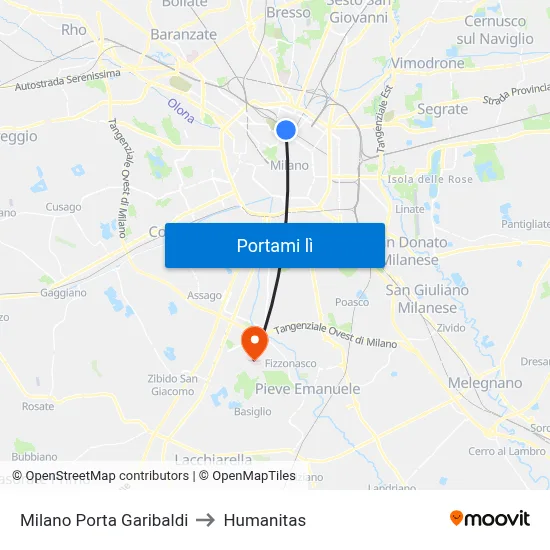 Milano Porta Garibaldi to Humanitas map