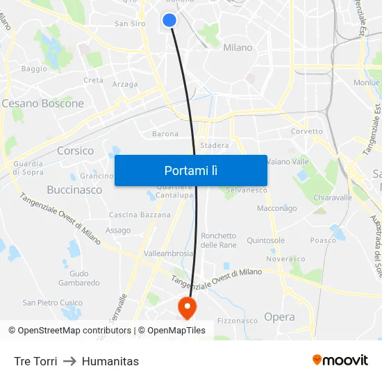 Tre Torri to Humanitas map