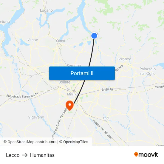 Lecco to Humanitas map