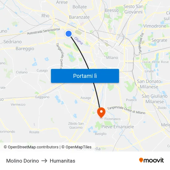 Molino Dorino to Humanitas map
