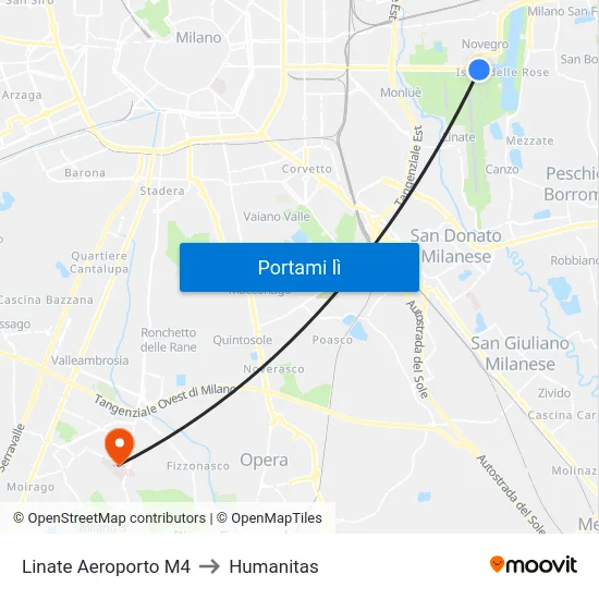 Linate Aeroporto M4 to Humanitas map