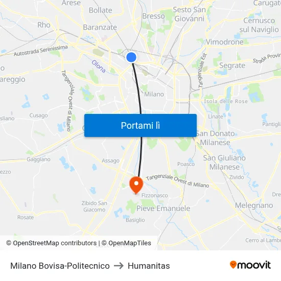 Milano Bovisa-Politecnico to Humanitas map