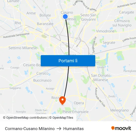 Cormano-Cusano Milanino to Humanitas map