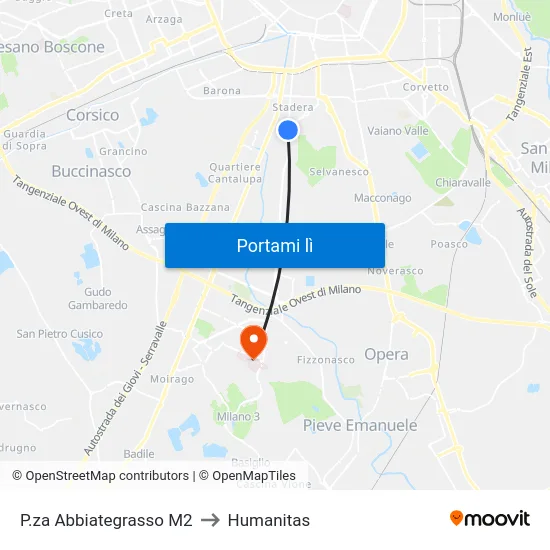 P.za Abbiategrasso M2 to Humanitas map