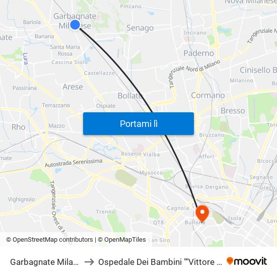 Garbagnate Milanese to Ospedale Dei Bambini ""Vittore Buzzi"" map