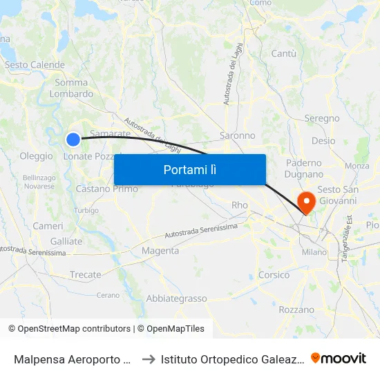 Malpensa Aeroporto T1 to Istituto Ortopedico Galeazzi map