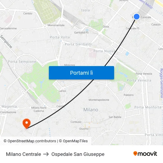 Milano Centrale to Ospedale San Giuseppe map