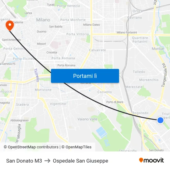 San Donato M3 to Ospedale San Giuseppe map