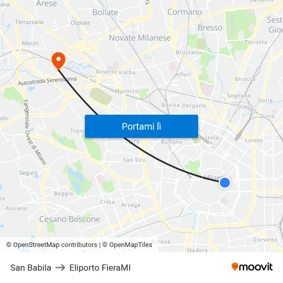 San Babila to Eliporto FieraMI map