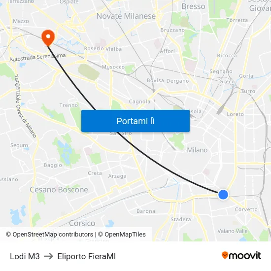 Lodi M3 to Eliporto FieraMI map