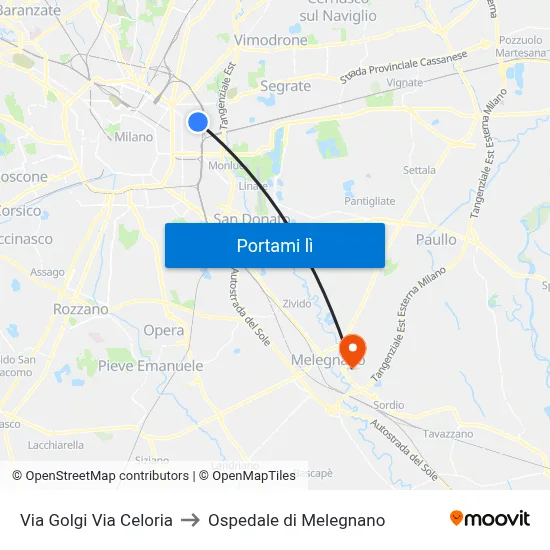 Via Golgi Via Celoria to Ospedale di Melegnano map