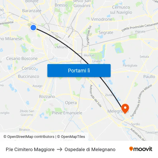 P.le Cimitero Maggiore to Ospedale di Melegnano map