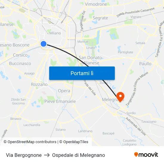 Via Bergognone to Ospedale di Melegnano map