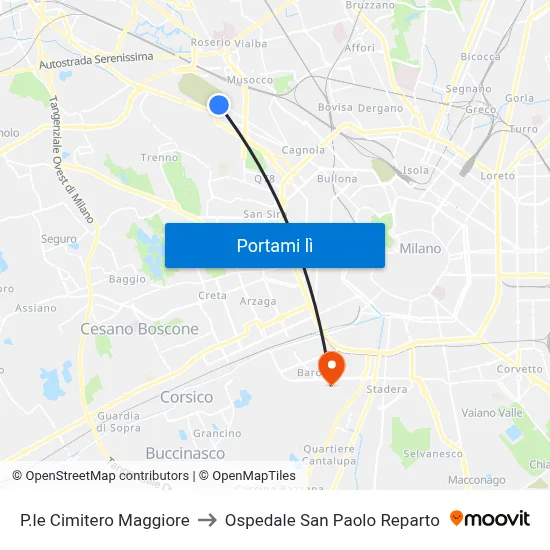 P.le Cimitero Maggiore to Ospedale San Paolo Reparto map