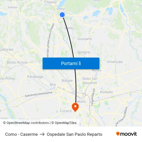 Como - Caserme to Ospedale San Paolo Reparto map