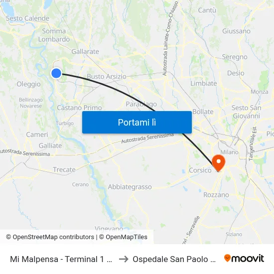 Mi Malpensa - Terminal 1 Porta 13 to Ospedale San Paolo Reparto map