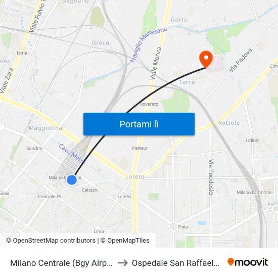 Milano Centrale (Bgy Airport Shuttles) to Ospedale San Raffaele Sez. Turro map