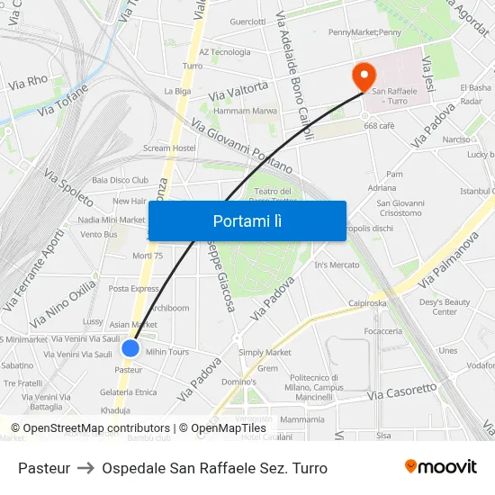Pasteur to Ospedale San Raffaele Sez. Turro map