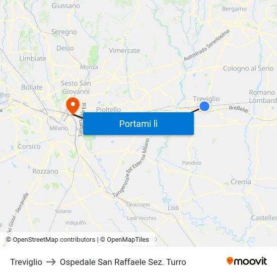 Treviglio to Ospedale San Raffaele Sez. Turro map