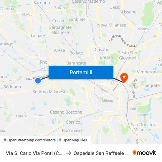 Via S. Carlo Via Ponti (Cornaredo) to Ospedale San Raffaele Sez. Turro map