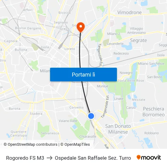 Rogoredo FS M3 to Ospedale San Raffaele Sez. Turro map