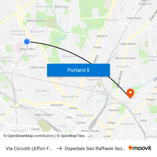 Via Ciccotti (Affori FN M3) to Ospedale San Raffaele Sez. Turro map