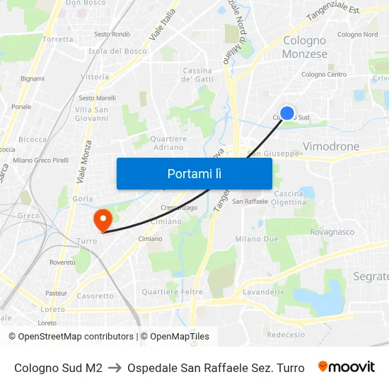 Cologno Sud M2 to Ospedale San Raffaele Sez. Turro map