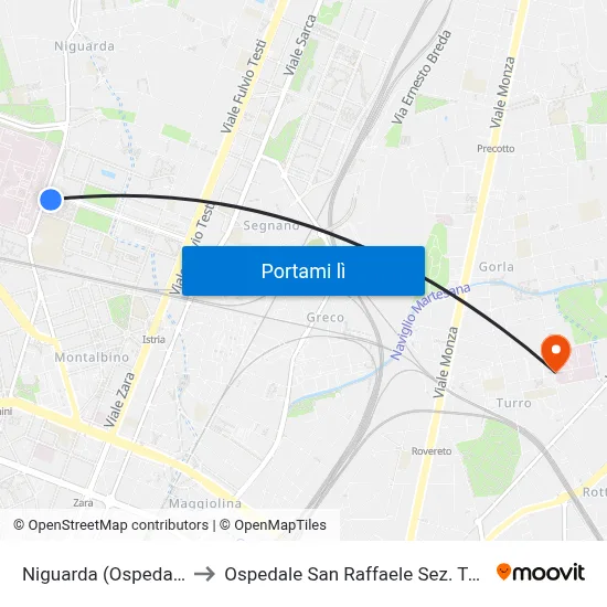 Niguarda (Ospedale) to Ospedale San Raffaele Sez. Turro map