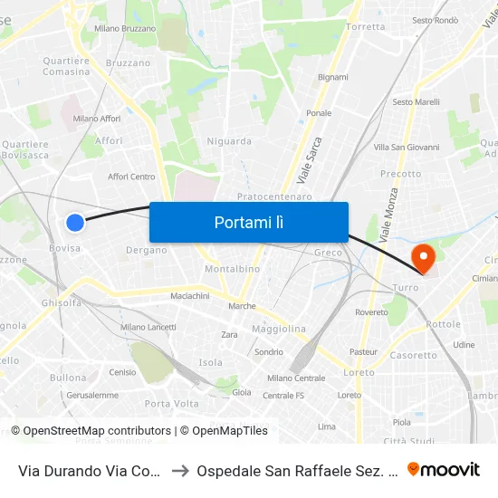 Via Durando Via Cosenz to Ospedale San Raffaele Sez. Turro map