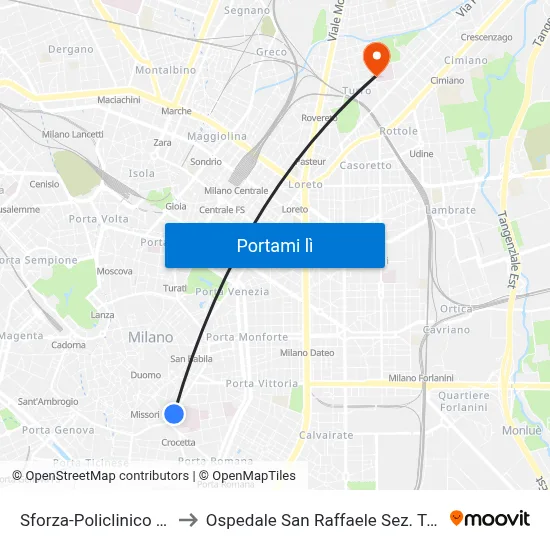 Sforza-Policlinico M4 to Ospedale San Raffaele Sez. Turro map