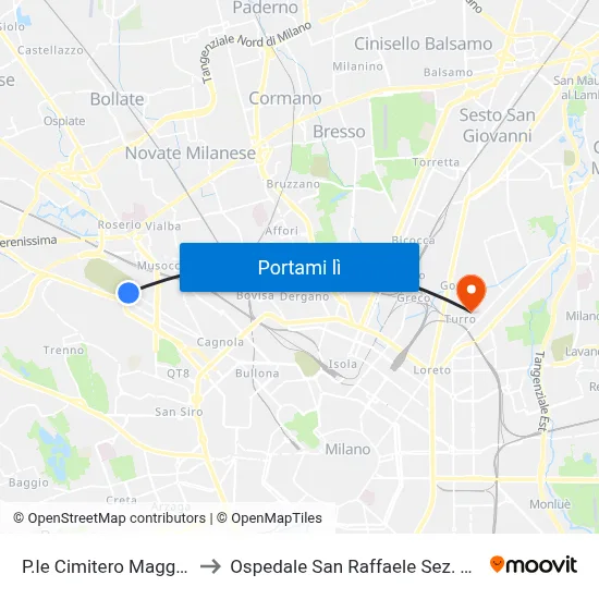 P.le Cimitero Maggiore to Ospedale San Raffaele Sez. Turro map