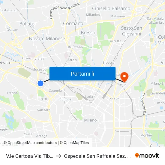 V.le Certosa Via Tibullo to Ospedale San Raffaele Sez. Turro map