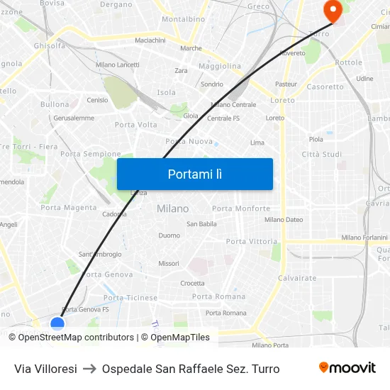 Via Villoresi to Ospedale San Raffaele Sez. Turro map