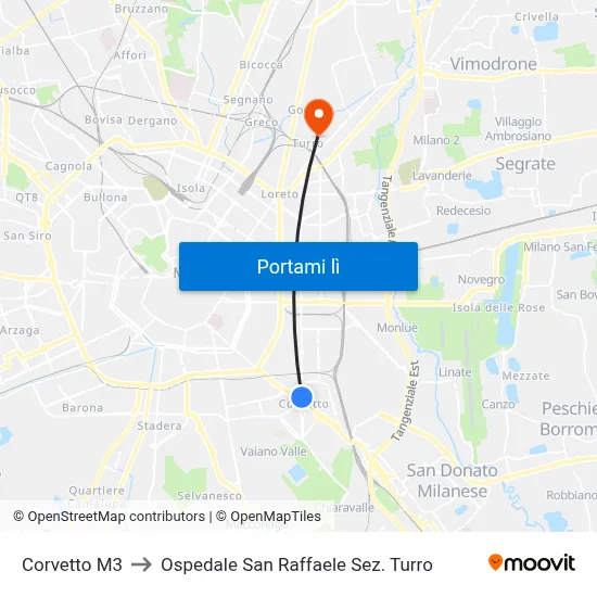 Corvetto M3 to Ospedale San Raffaele Sez. Turro map