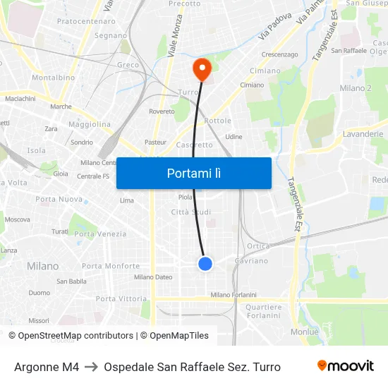 Argonne M4 to Ospedale San Raffaele Sez. Turro map