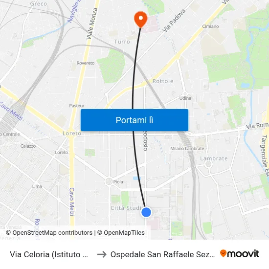 Via Celoria (Istituto Besta) to Ospedale San Raffaele Sez. Turro map