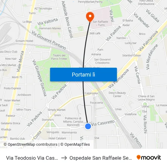 Via Teodosio Via Casoretto to Ospedale San Raffaele Sez. Turro map