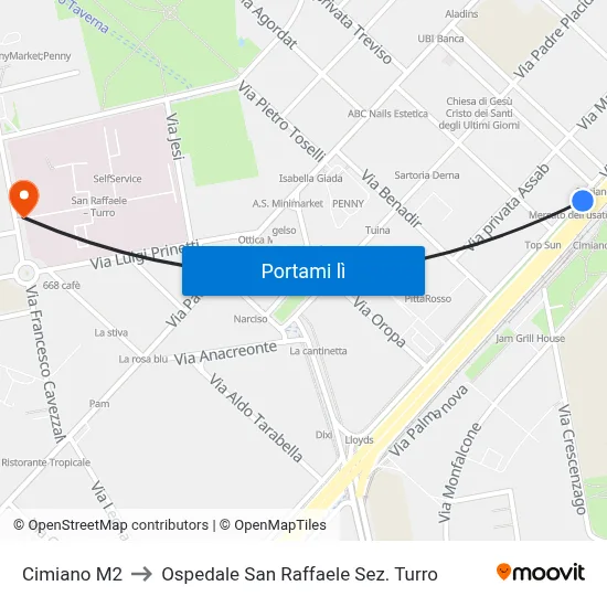 Cimiano M2 to Ospedale San Raffaele Sez. Turro map
