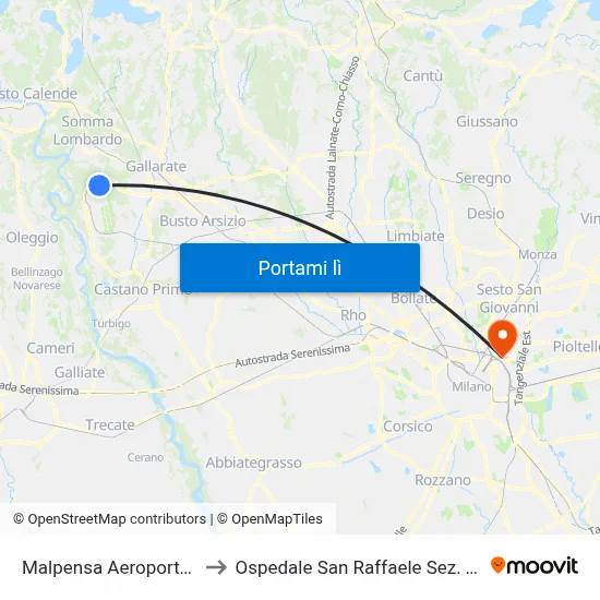 Malpensa Aeroporto T2 to Ospedale San Raffaele Sez. Turro map