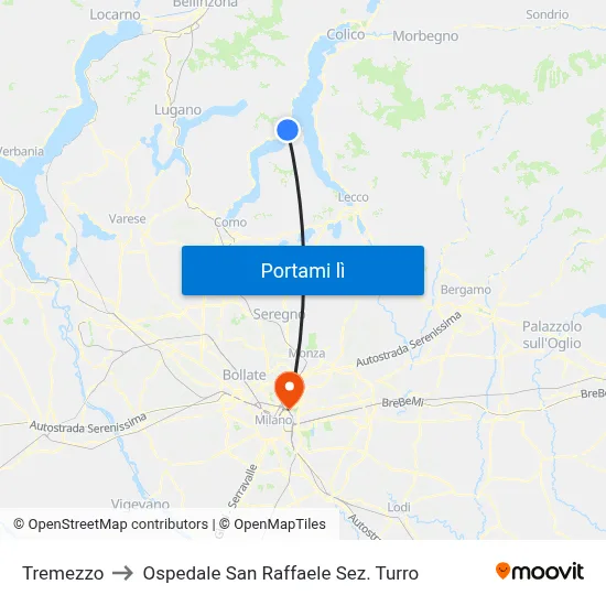 Tremezzo to Ospedale San Raffaele Sez. Turro map