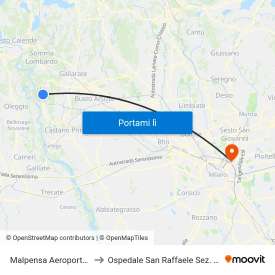 Malpensa Aeroporto T1 to Ospedale San Raffaele Sez. Turro map