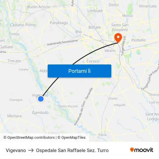 Vigevano to Ospedale San Raffaele Sez. Turro map