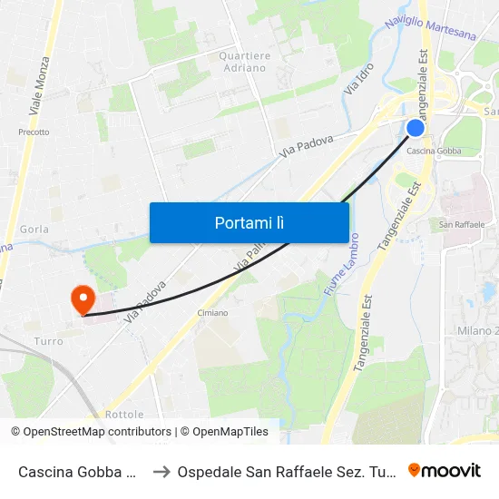 Cascina Gobba M2 to Ospedale San Raffaele Sez. Turro map