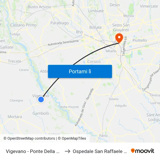 Vigevano - Ponte Della Giacchetta to Ospedale San Raffaele Sez. Turro map