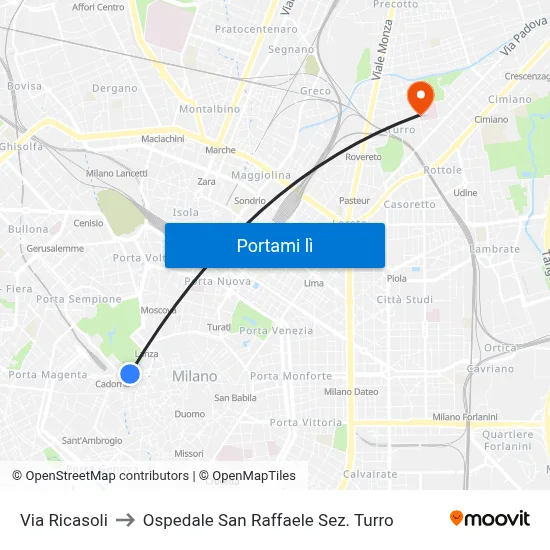 Via Ricasoli to Ospedale San Raffaele Sez. Turro map