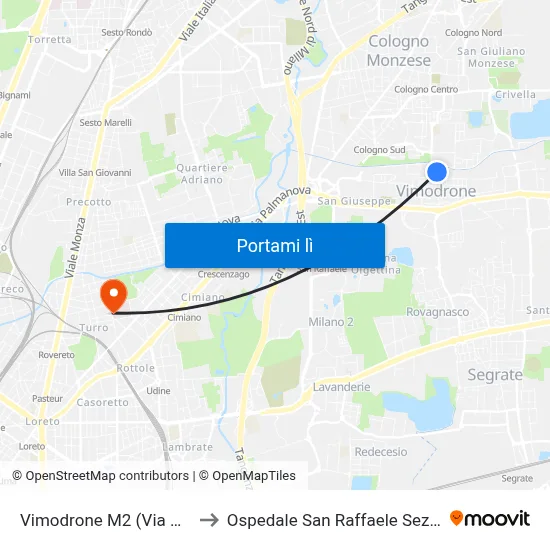 Vimodrone M2 (Via Dante) to Ospedale San Raffaele Sez. Turro map